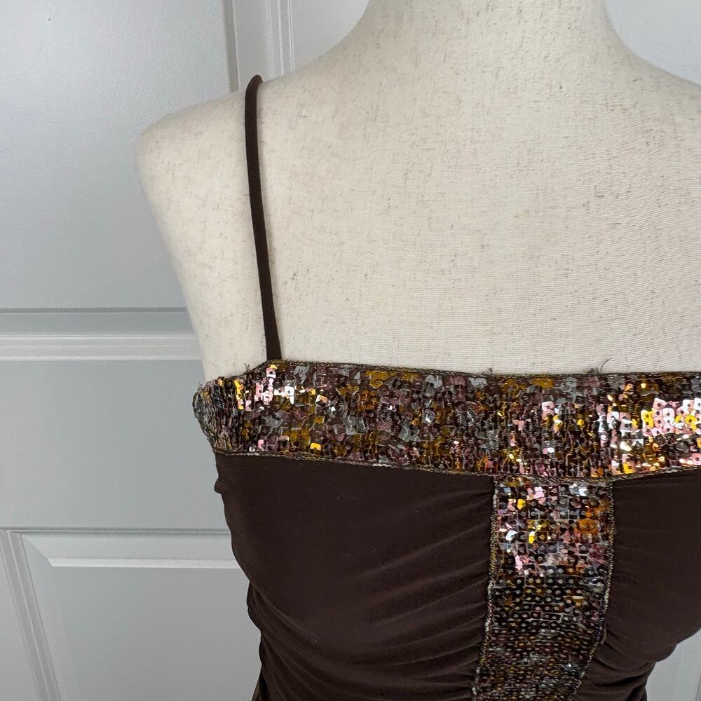 Vintage Y2K Wink Brown Sequin Dress Asymmetrical Spaghetti Strap Whimsigoth M - Picture 4 of 8